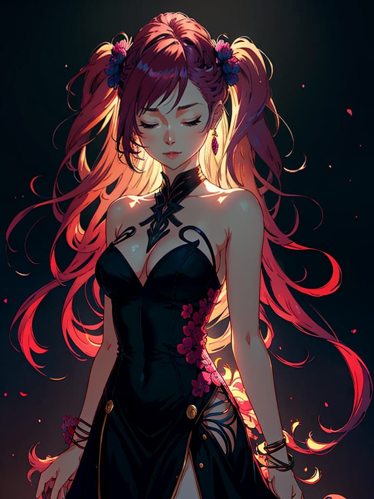  source anime, score 9,score 8 up,score 7 up,score 6 up,score 5 up,score 4 up, 1girl, solo, magenta hair, hair ornament, long hair, flower, closed eyes, hair flower, jewelry, twintails, dress, earrings, hair ornament, very long hair, bracelet, simple background, black background hyperrealistic, full body, detailed clothing, highly detailed, cinematic lighting, stunningly beautiful, intricate, sharp focus, f/1. 8, 85mm, (centered image composition), (professionally color graded), ((bright soft diffused light)), volumetric fog, trending on instagram, trending on tumblr, HDR 4K, 8K