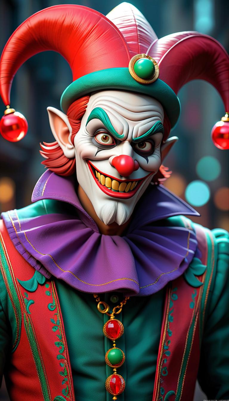  Professional 3D model of a sinister jester in a dark carnival. Dark, mysterious, scary, haunting, dramatic, ornate, detailed. . Rendered with Octane, the model is highly detailed,dramatic lighting. hyperrealistic, full body, detailed clothing, highly detailed, cinematic lighting, stunningly beautiful, intricate, sharp focus, f/1. 8, 85mm, (centered image composition), (professionally color graded), ((bright soft diffused light)), volumetric fog, trending on instagram, trending on tumblr, HDR 4K, 8K