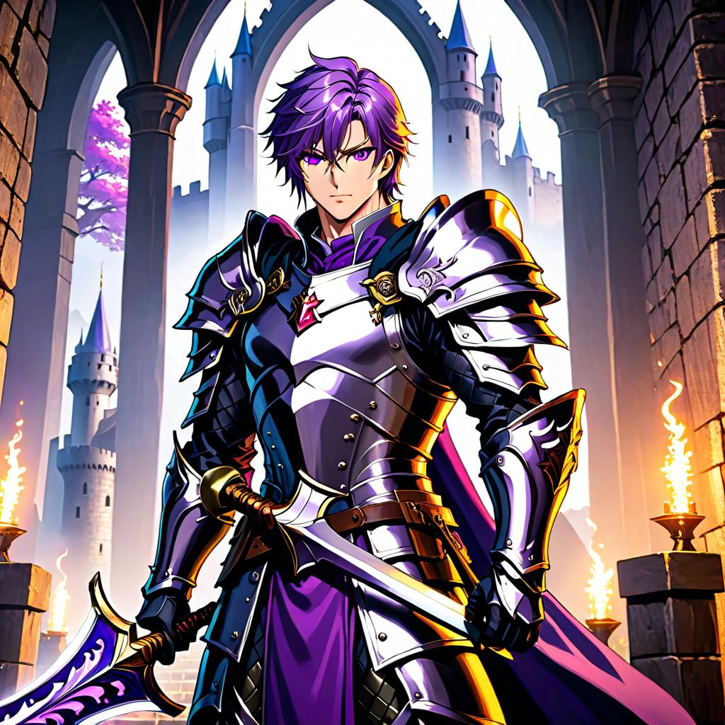  anime artwork 1. Man 2. Shimmering purple eyes 3. Axe on back 4. Royal silver armor with purple gemstones 5. Two handed sword on back or in hand 6. Medieval castle in the background . anime style, key visual, vibrant, studio anime, highly detailed hyperrealistic, full body, detailed clothing, highly detailed, cinematic lighting, stunningly beautiful, intricate, sharp focus, f/1. 8, 85mm, (centered image composition), (professionally color graded), ((bright soft diffused light)), volumetric fog, trending on instagram, trending on tumblr, HDR 4K, 8K