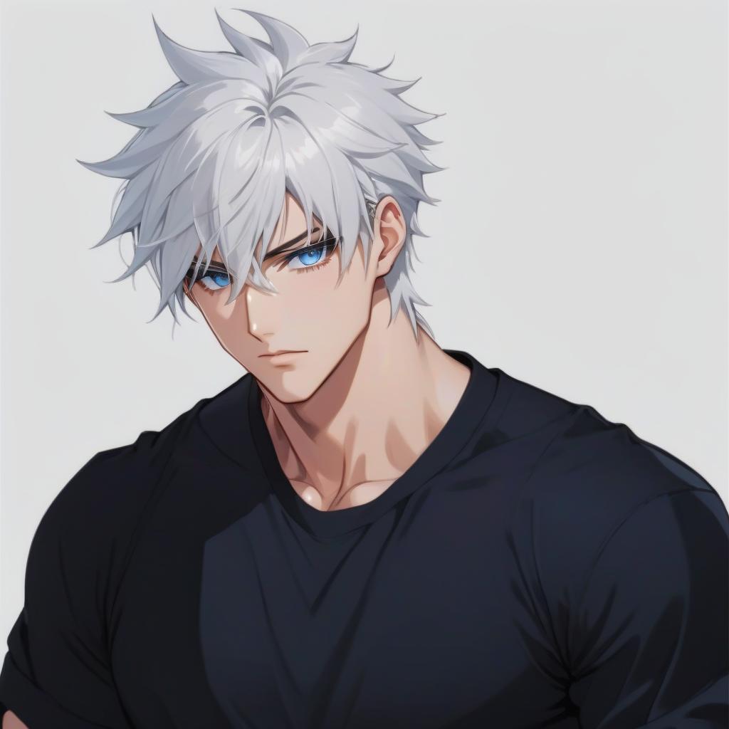  anime artwork anime male with white fluffy, tousled hair. Pumped up. With a black cloth blindfold that covers the eyes, IT IS A MUST. He's also wearing a black tight T shirt that hugs his . blindfold without slit, it's just fabric fabric he's . is a tall, handsome man with spiky white hair. The eyes are mostly covered with gles or a blindfold, hiding the light blue eyes. He almost always wears a black blindfold, a dark uniform: a jacket with a long collar, long black pants and black shoes. The bandage makes my hair stand up. . anime style, key visual, vint, studio anime, highly detailed hyperrealistic, full body, detailed clothing, highly detailed, cinematic lighting, stunningly beautiful, intricate, sharp focus, f/1. 8, 85mm, (centered image composition), (professionally color graded), ((bright soft diffused light)), volumetric fog, trending on instagram, trending on tumblr, HDR 4K, 8K