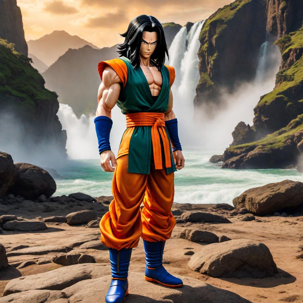  A detailed image of Android 17 from Dragon Ball Z. He should be in his iconic outfit with the black shirt, blue jeans, green socks, and orange scarf. He should have a confident and determined look on his face. The background can be a dynamic, futuristic landscape or a battleground scene from the series. hyperrealistic, full body, detailed clothing, highly detailed, cinematic lighting, stunningly beautiful, intricate, sharp focus, f/1. 8, 85mm, (centered image composition), (professionally color graded), ((bright soft diffused light)), volumetric fog, trending on instagram, trending on tumblr, HDR 4K, 8K