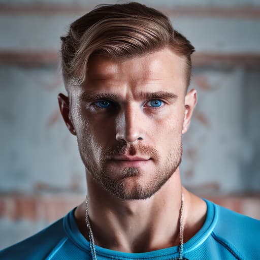 portrait+ style Russian queer fitness model blonde hunk dilf dude face