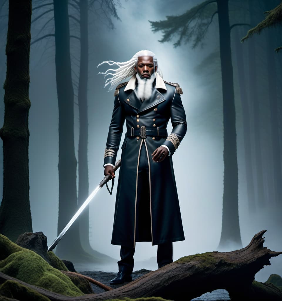  lovecraftian horror A black man, a soldier, in a coat, beard cropped short, long white hair, standing upright, muscular build, height of 2 meters, wielding a battle axe. . eldritch, cosmic horror, unknown, mysterious, surreal, highly detailed hyperrealistic, full body, detailed clothing, highly detailed, cinematic lighting, stunningly beautiful, intricate, sharp focus, f/1. 8, 85mm, (centered image composition), (professionally color graded), ((bright soft diffused light)), volumetric fog, trending on instagram, trending on tumblr, HDR 4K, 8K