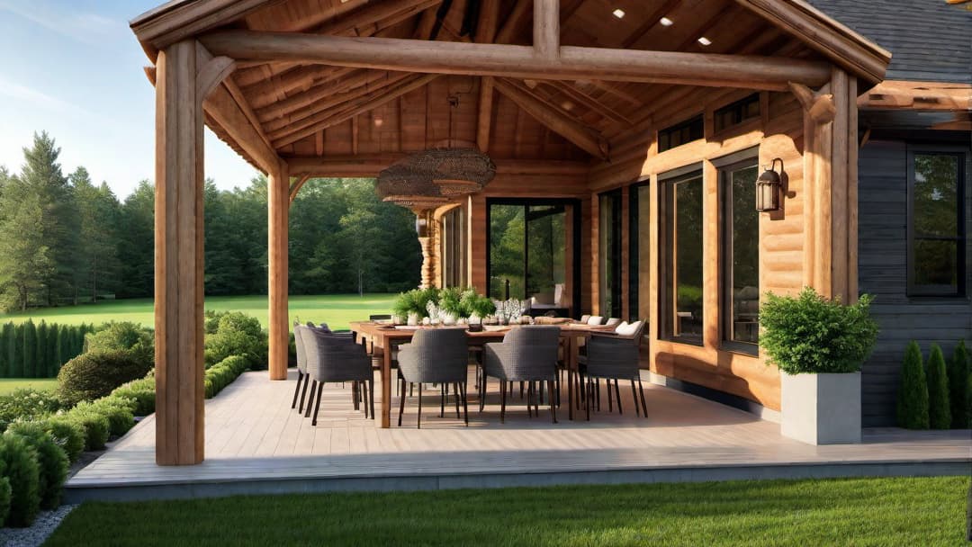  Covered Outdoor Dining Area for Gatherings, featuring the exterior of a luxurious log cabin. Full view of the home with detailed wooden architecture, a spacious outdoor dining area under a sturdy wooden canopy, and lush surroundings. The image should be sharp and crisp, with bright sunny weather enhancing the natural wood tones and greenery.