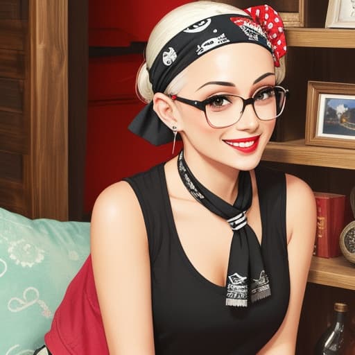  shaved head woman wearing small glasses love you indoor smiling throwing kiss pirate bandana wearing summer pop