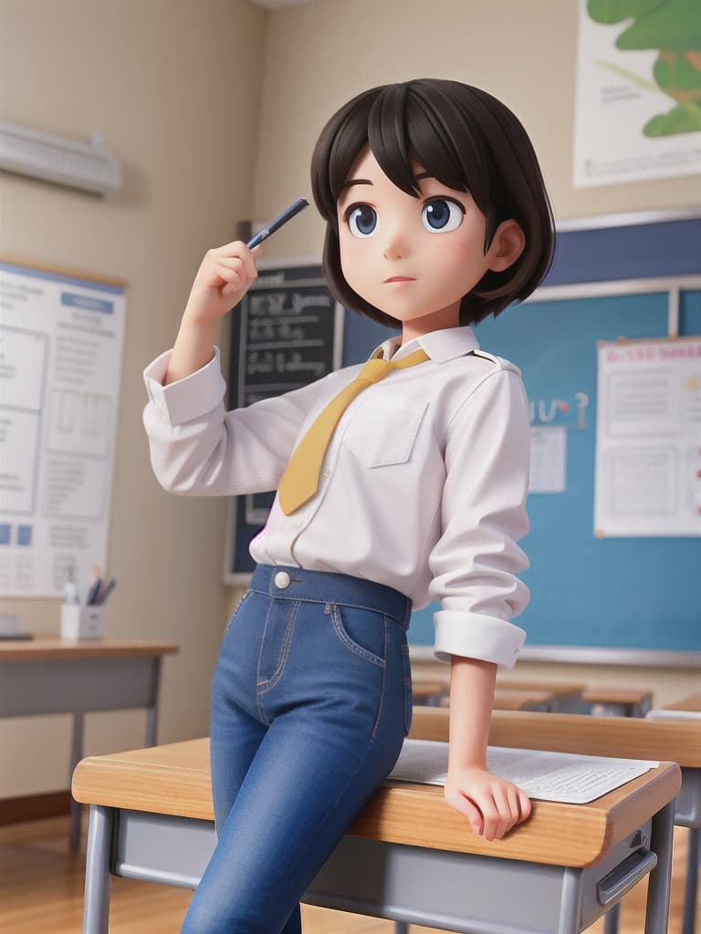  "A student sitting at a desk in a classroom. The student is wearing a clean white shirt and navy blue pants. The classroom is well lit with educational posters on the walls."