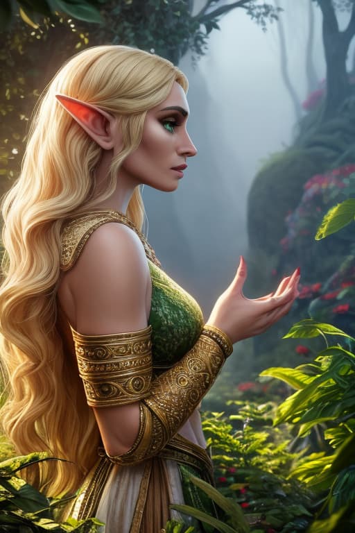  Goddess of nature and wildlife with blonde hair and green eyes. Beautiful with green thorn dress in the sunlight with small elf ears hyperrealistic, full body, detailed clothing, highly detailed, cinematic lighting, stunningly beautiful, intricate, sharp focus, f/1. 8, 85mm, (centered image composition), (professionally color graded), ((bright soft diffused light)), volumetric fog, trending on instagram, trending on tumblr, HDR 4K, 8K