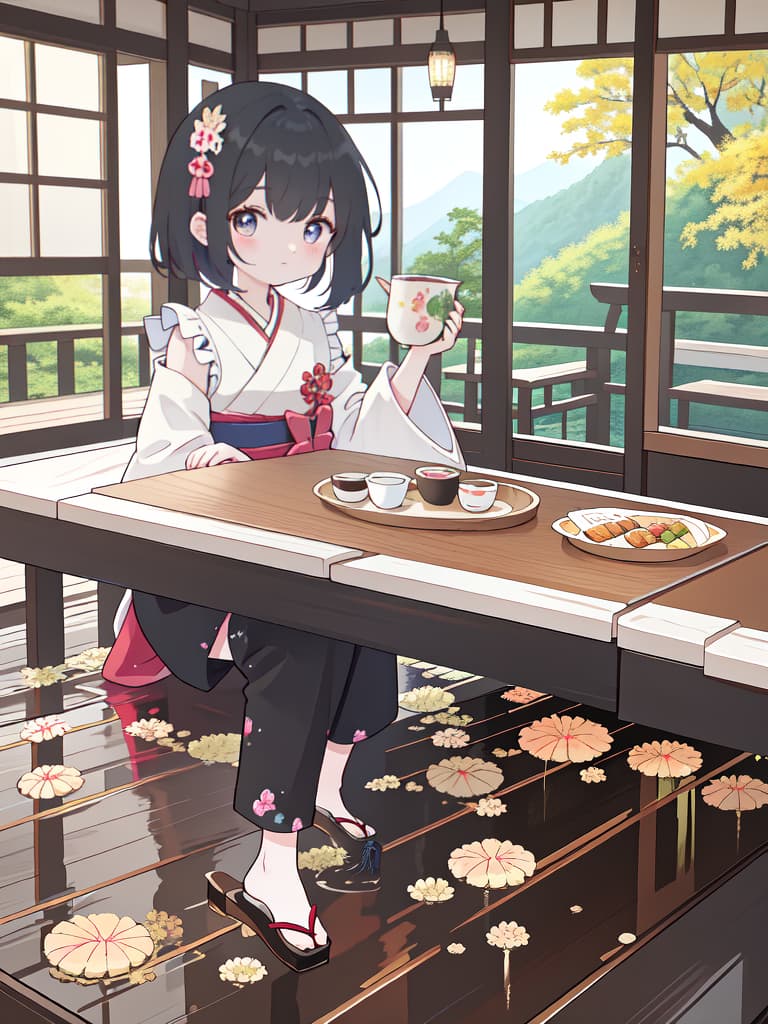  Japan Painting Style, Frill Appron, Bare Shoulder, Carry A Tray, Japanese Cafe, Best Quality: 1.4, Ultra Detailed Texture ToreAlistic, Absurd Resolution, 8k Illustration, 💩, 💩, 💩, 💩, 💩,, masterpiece, best quality,8k,ultra detailed,high resolution,an extremely delicate and beautiful,hyper detail