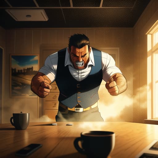  a man in his anger slams his hands on the table and at the same time everything in the room is blown from its spot as if a bomb went off, Comic art, high quality, highly detailed, intricate, sharp focus, (centered image composition), (professionally color graded), ((western omit style)), volumetric fog, trending on instagram, HDR 4K, 8K