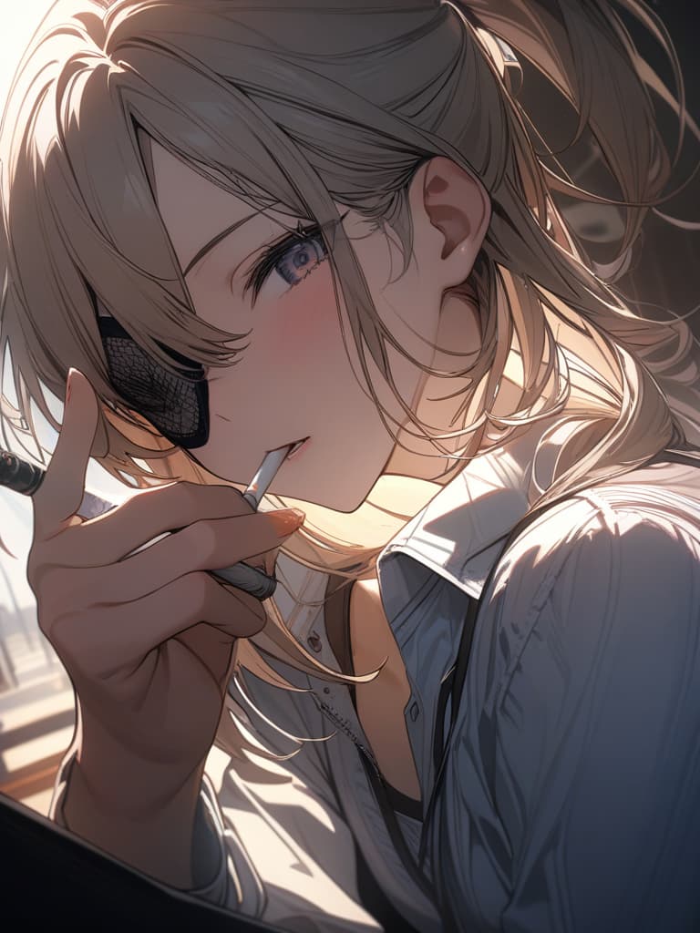  Blond, loose ponytail, black eyepatch, smoking cigarettes, cool, women, masterpiece, best quality,8k,ultra detailed,high resolution,an extremely delicate and beautiful,hyper detail