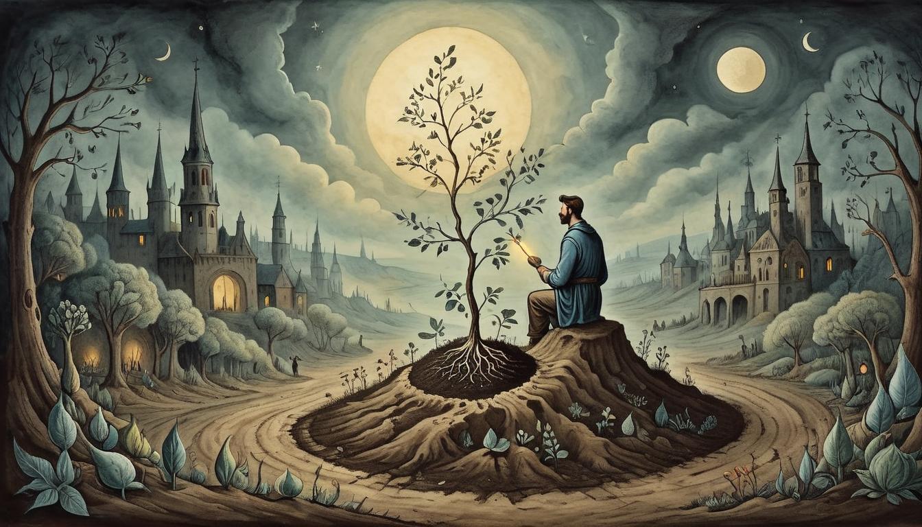  on parchment, surrealism+++, A figure planting a glowing seed in dark soil, surrounded by others watching, fostering growth, inspiring change(mysterious, provocative, symbolic,muted color)+++