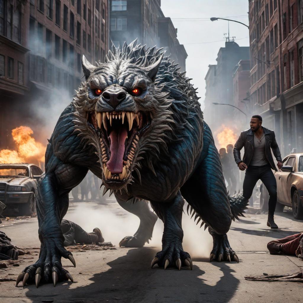  A chaotic scene with monster mad dogs on the loose chasing people. The dogs are monstrous with exaggerated features like sharp teeth, glowing eyes, and spiked fur. The setting is an urban area with people running in fear, some looking back in horror. The environment is filled with overturned objects, damaged cars, and a general sense of chaos and urgency. hyperrealistic, full body, detailed clothing, highly detailed, cinematic lighting, stunningly beautiful, intricate, sharp focus, f/1. 8, 85mm, (centered image composition), (professionally color graded), ((bright soft diffused light)), volumetric fog, trending on instagram, trending on tumblr, HDR 4K, 8K