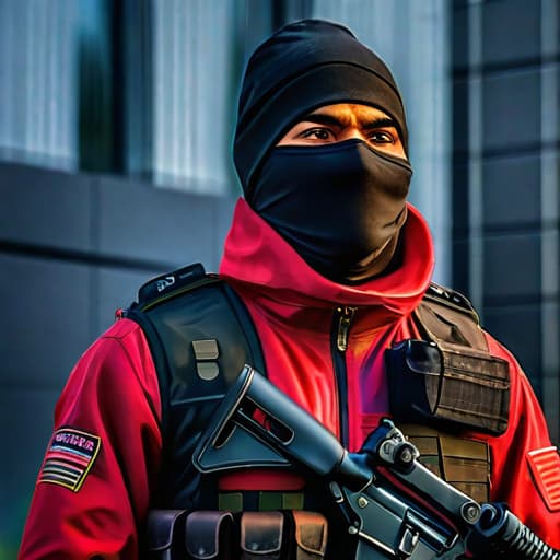  terrorist hyperrealistic, full body, detailed clothing, highly detailed, cinematic lighting, stunningly beautiful, intricate, sharp focus, f/1. 8, 85mm, (centered image composition), (professionally color graded), ((bright soft diffused light)), volumetric fog, trending on instagram, trending on tumblr, HDR 4K, 8K