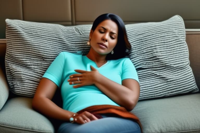  "Realistic close up of a middle aged woman clutching her stomach in pain, seated on a neutral toned couch in a modest living room. Her expression shows discomfort, hinting at internal distress. The background is softly blurred to keep the focus on her. The lighting is natural, coming from a nearby window, casting a gentle glow on her face. The scene is detailed, capturing the texture of her clothing and the subtle lines of worry on her face. The image is high quality, with a realistic style to evoke empathy and awareness about the early symptoms of stomach cancer."Ensure no face,leg,hand or eye defomities.Ensure all images are clear, detailed, contains no text and no deformities. realistic, highly detailed, photorealistic, cinematic lightin hyperrealistic, full body, detailed clothing, highly detailed, cinematic lighting, stunningly beautiful, intricate, sharp focus, f/1. 8, 85mm, (centered image composition), (professionally color graded), ((bright soft diffused light)), volumetric fog, trending on instagram, trending on tumblr, HDR 4K, 8K