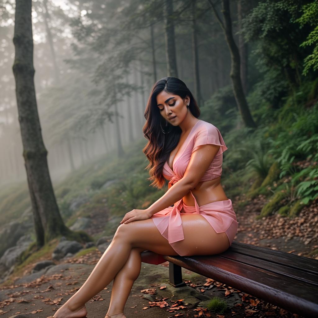  a woman sitting on a bench in the grass, in deep forest hungle, exposed thighs!!!, wearing pink sari, full body pov, street pic, mom, wet hairy bodies, hethe srodawa, flash on pussy, mountainside, black skin, looking at the viewer, frock, uncropped hyperrealistic, full body, detailed clothing, highly detailed, cinematic lighting, stunningly beautiful, intricate, sharp focus, f/1. 8, 85mm, (centered image composition), (professionally color graded), ((bright soft diffused light)), volumetric fog, trending on instagram, trending on tumblr, HDR 4K, 8K