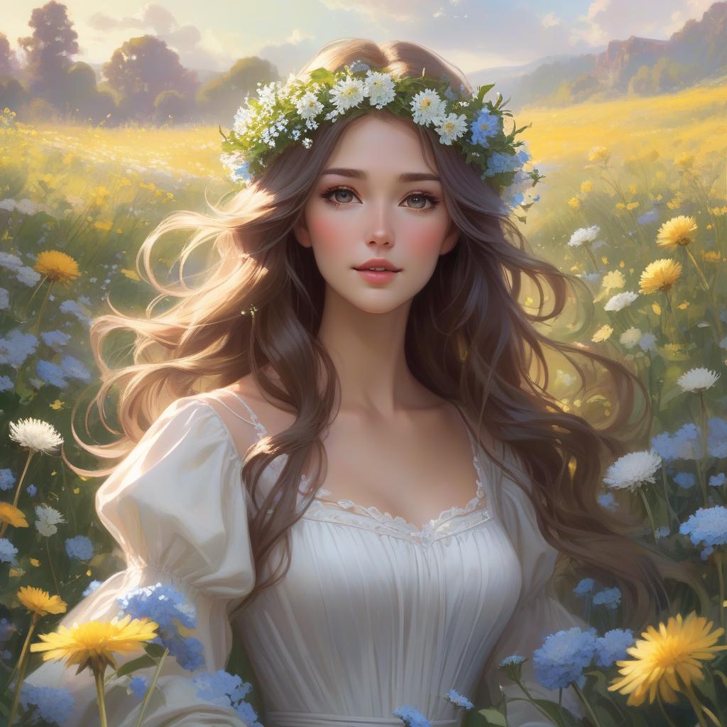  concept art A with a floral crown and flowing hair is amidst a bright field of flowers, sunlight dappling through, creating a serene, magical atmosphere In the style of Daniel F Gerhartz and Morgan Weistling. A young with long, wavy hair adorned with small blue and white flowers blowing on a dandelion in a meadow filled with dandelions and other small flowers. She wears a white dress with puffy sleeves. The scene is ed in soft, warm light, creating a dreamy, ethereal atmosphere. Started from image: . digital artwork, ilrative, painterly, matte painting, highly detailed hyperrealistic, full body, detailed clothing, highly detailed, cinematic lighting, stunningly beautiful, intricate, sharp focus, f/1. 8, 85mm, (centered image composition), (professionally color graded), ((bright soft diffused light)), volumetric fog, trending on instagram, trending on tumblr, HDR 4K, 8K