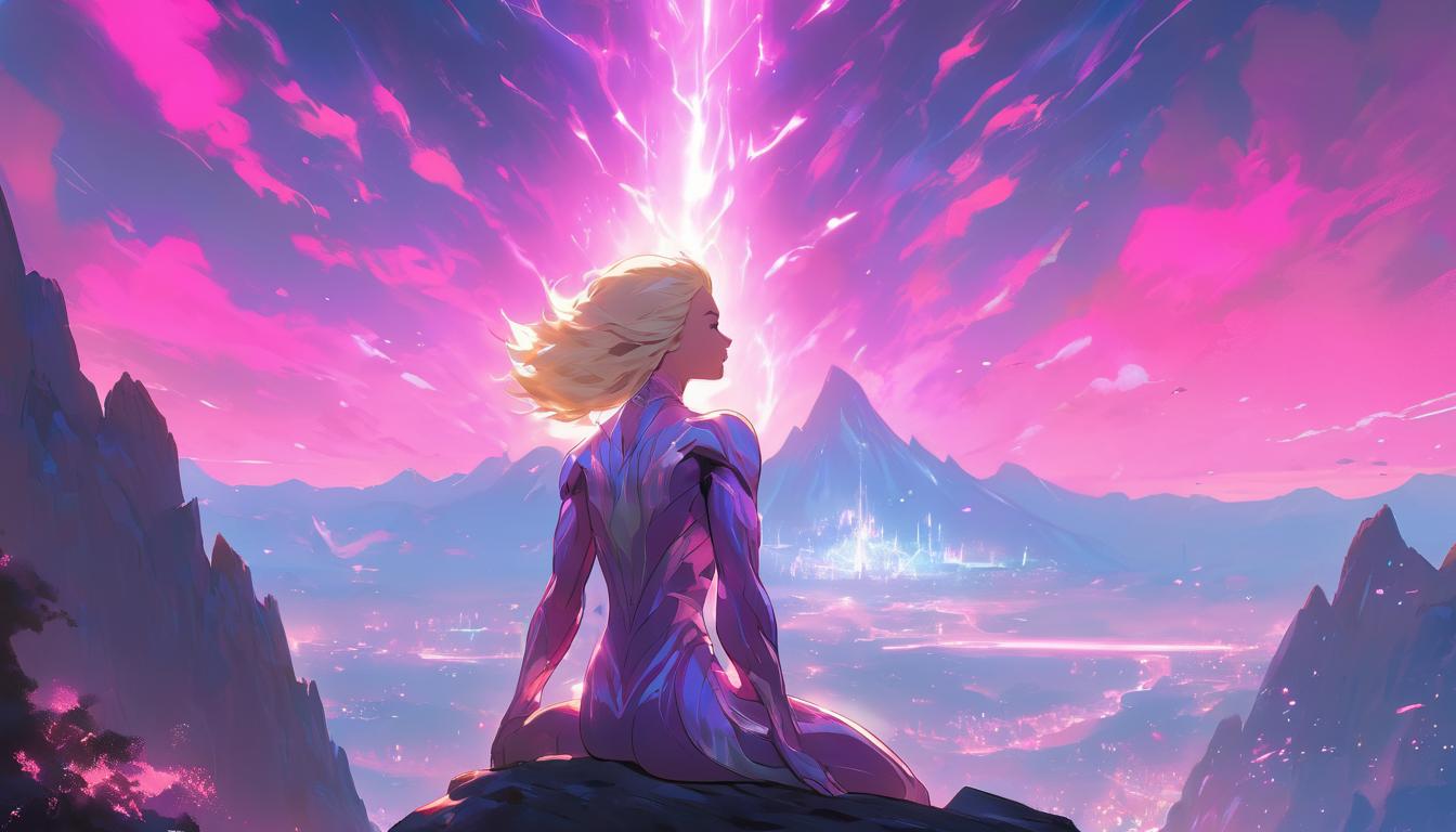  hyperrealism,fantasy aesthetic1woman, large busted attractive blonde arian female humanoid, meditating on top of a mountain peak, auroras dancing in the sky, serene cosmic energy surrounding, high tech clothing clad in sleek, futuristic costume with metallic accents and form fitting designs, marvel superhero comics style, unreal engine rendering