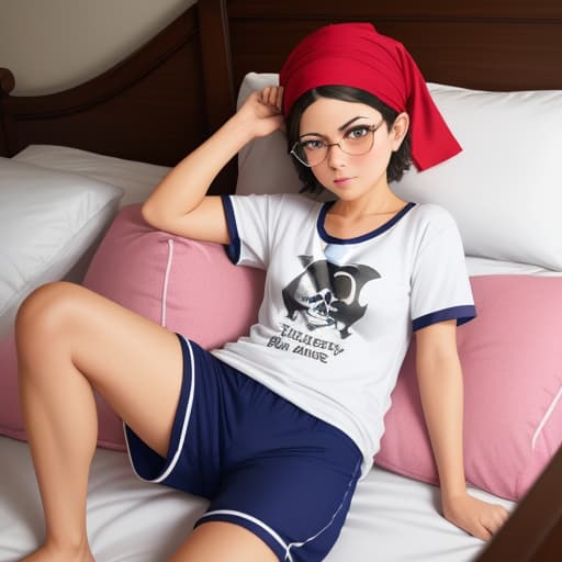  Female in short sleeve pajamas, shaved head, wearing pirate bandana, drowsy. Up on bed. Wears small glasses Wears short sleeves Summer Pop.