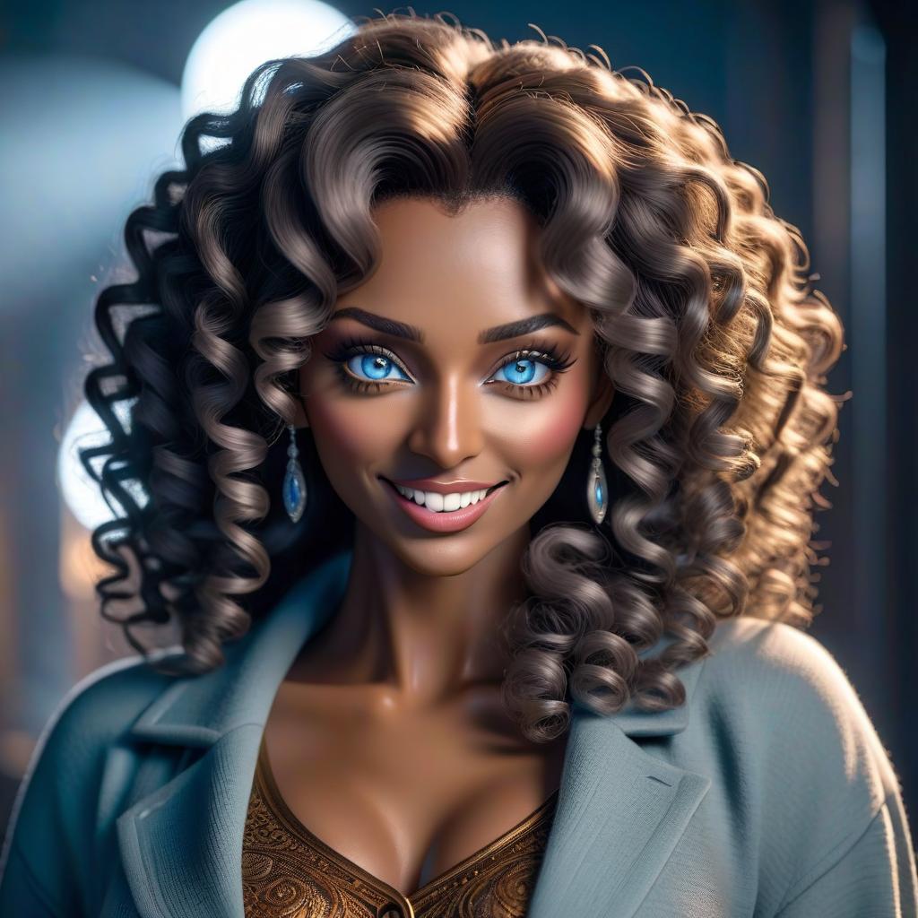  Velvety curly hair, gray blue eyes, two rows of even teeth, pointed fingernails, dark complexion, bulging eyes. Descendant of blacks, ugly. hyperrealistic, full body, detailed clothing, highly detailed, cinematic lighting, stunningly beautiful, intricate, sharp focus, f/1. 8, 85mm, (centered image composition), (professionally color graded), ((bright soft diffused light)), volumetric fog, trending on instagram, trending on tumblr, HDR 4K, 8K