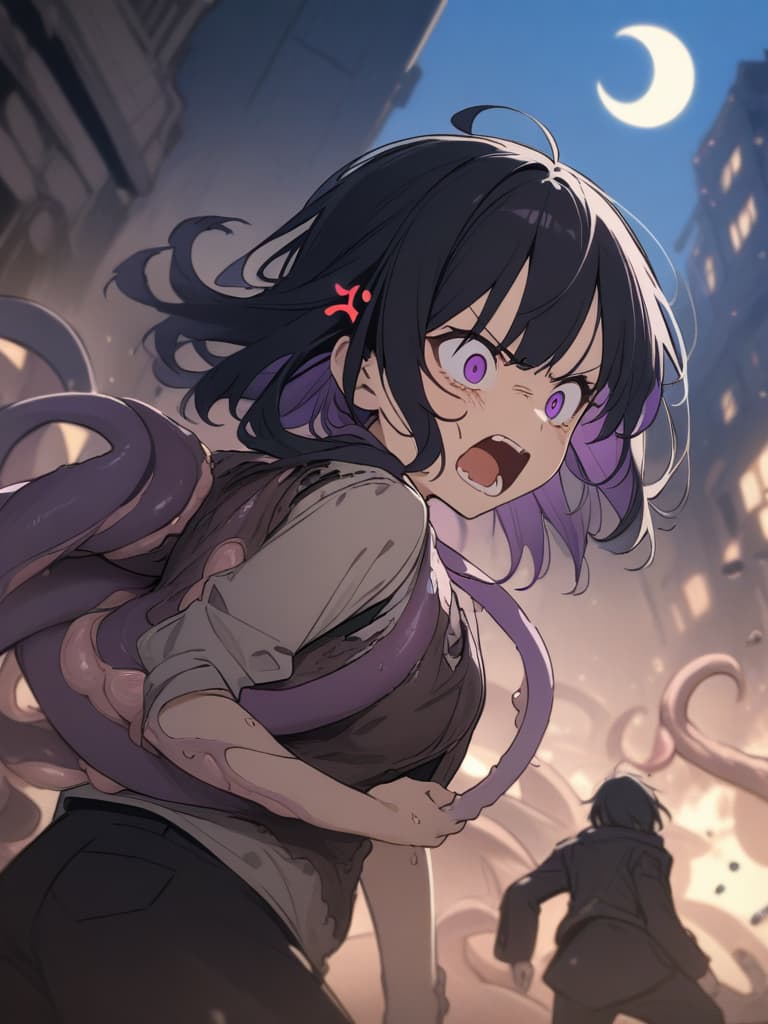  A girl fused with a tentacle,((Tentacles coming out of the back,beige Tentacles,beige feeler,beige sharp tentacle))1.8,((Anger,screaming,hatred))1.2,murderous intent,mouths open,running,tattered clothes,rubble,collapsed buildings,cool girl,Black hair,(purple eyes),short,cropped hair,crescent moon hair ornament, masterpiece, best quality,8k,ultra detailed,high resolution,an extremely delicate and beautiful,hyper detail