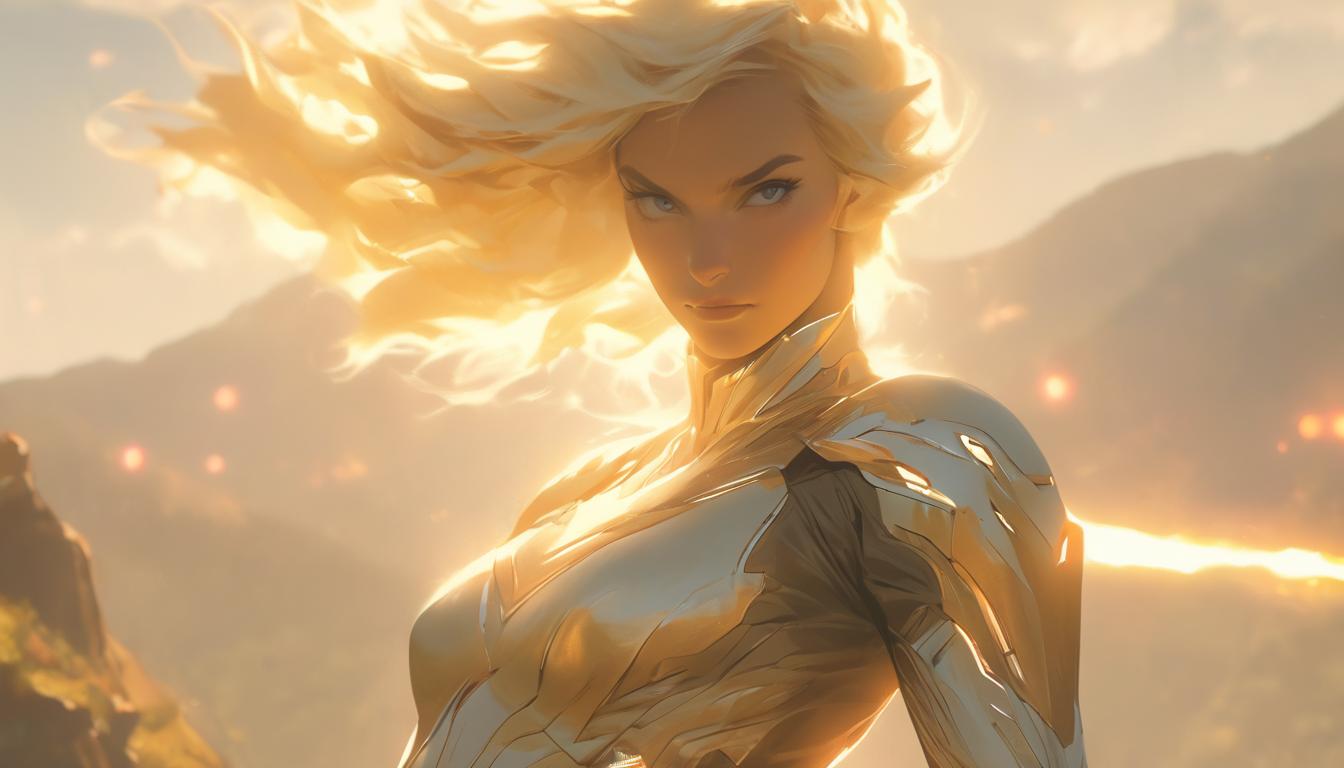  hyperrealism,fantasy aesthetic1woman, large busted attractive blonde arian female humanoid, standing on a hilltop, sun rays illuminating her, celestial energy flowing, high tech clothing clad in sleek, futuristic costume with metallic accents and form fitting designs, marvel superhero comics style, unreal engine rendering