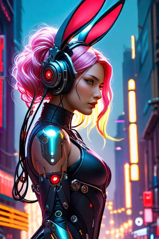  Cyborg feminine , hare ears, kawaii cyborg, high detailed face, beautiful body, glowing hair, huge , deep age, looking at the camera, breeze, neon strings, chaotic wiring/cables, scifi, futuristic, highly detailed, cinematic, cyberpunk, highly detailed and intricate, rich deep colors. sf, raphael, caravaggio, greg rutkowski, beeple, beksinski, red background hyperrealistic, full body, detailed clothing, highly detailed, cinematic lighting, stunningly beautiful, intricate, sharp focus, f/1. 8, 85mm, (centered image composition), (professionally color graded), ((bright soft diffused light)), volumetric fog, trending on instagram, trending on tumblr, HDR 4K, 8K