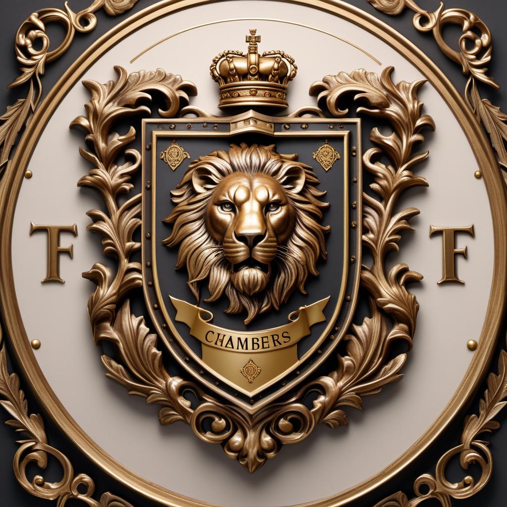  Recreate the family crest for the name 'Chambers' with the same rich and intricate design as seen in a traditional heraldic crest. Retain the traditional elements such as the shield, helmet, lion, oak tree, and castle. Add the word 'CHAMBERS' in bold, gold letters at the top or bottom of the crest. Ensure the lettering is integrated elegantly into the overall design, enhancing its historic and dignified appearance. hyperrealistic, full body, detailed clothing, highly detailed, cinematic lighting, stunningly beautiful, intricate, sharp focus, f/1. 8, 85mm, (centered image composition), (professionally color graded), ((bright soft diffused light)), volumetric fog, trending on instagram, trending on tumblr, HDR 4K, 8K