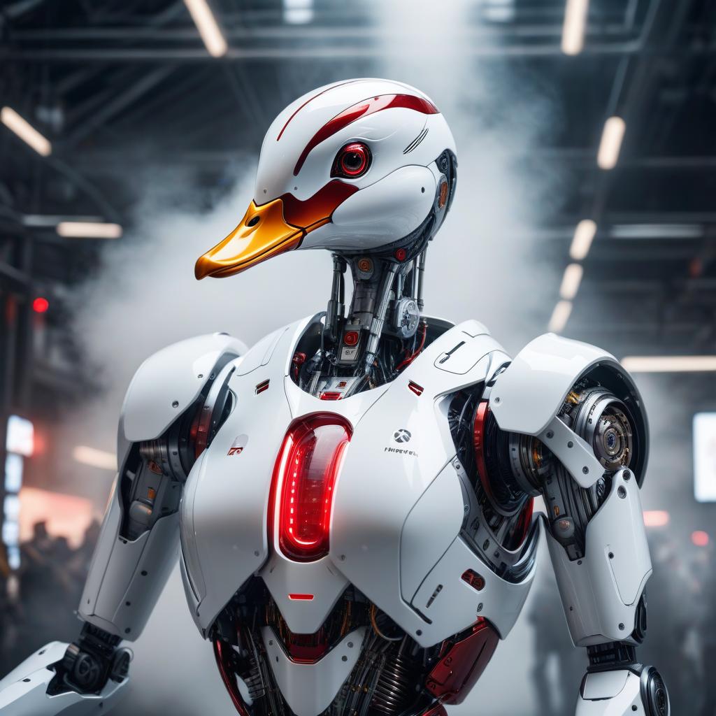  The body of a humanoid robot with red streaks, head of a white duck. hyperrealistic, full body, detailed clothing, highly detailed, cinematic lighting, stunningly beautiful, intricate, sharp focus, f/1. 8, 85mm, (centered image composition), (professionally color graded), ((bright soft diffused light)), volumetric fog, trending on instagram, trending on tumblr, HDR 4K, 8K