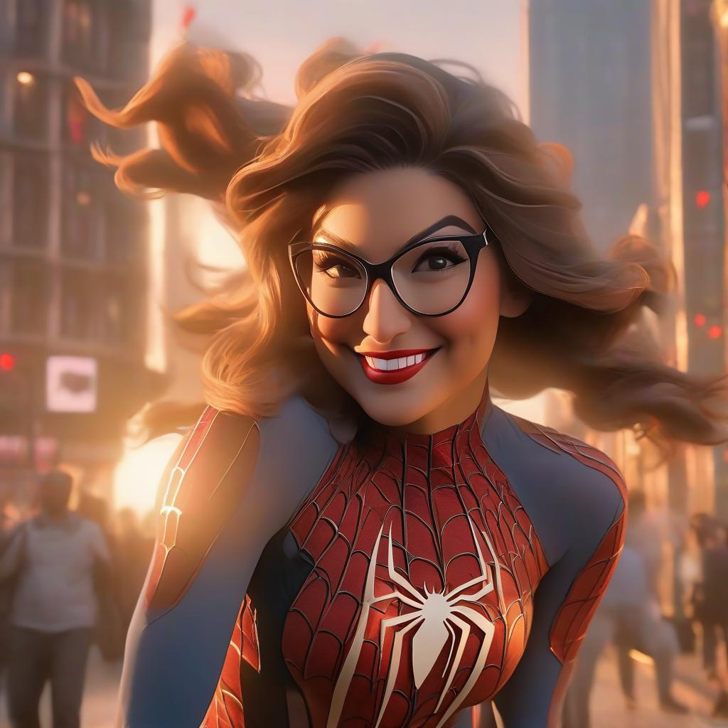  An Asian woman with chubby cheeks and long brown hair wearing glasses in a spider man costume smiles hyperrealistic, full body, detailed clothing, highly detailed, cinematic lighting, stunningly beautiful, intricate, sharp focus, f/1. 8, 85mm, (centered image composition), (professionally color graded), ((bright soft diffused light)), volumetric fog, trending on instagram, trending on tumblr, HDR 4K, 8K