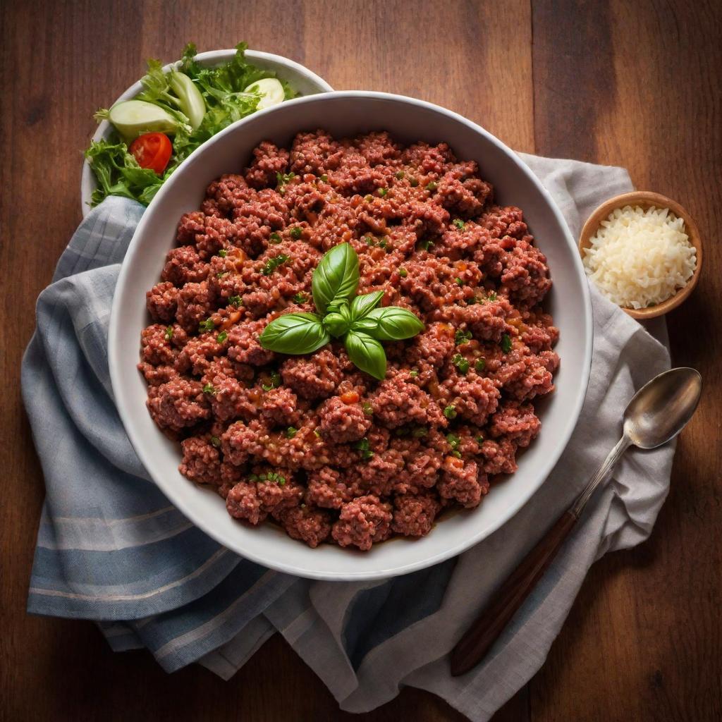  A bowl of cooked ground beef hyperrealistic, full body, detailed clothing, highly detailed, cinematic lighting, stunningly beautiful, intricate, sharp focus, f/1. 8, 85mm, (centered image composition), (professionally color graded), ((bright soft diffused light)), volumetric fog, trending on instagram, trending on tumblr, HDR 4K, 8K