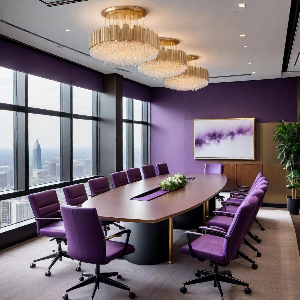  A professional modern contemporary meeting room designed with a clean and calming atmosphere using the company colors of purple and champagne gold. The room features a skyline afternoon view of uptown North Carolina. It includes a sleek conference table with comfortable chairs, ambient lighting, and minimalist décor. Large windows provide a clear view of the cityscape. The design balances the darker purple tones with lighter champagne gold accents to create an inviting and professional setting. hyperrealistic, full body, detailed clothing, highly detailed, cinematic lighting, stunningly beautiful, intricate, sharp focus, f/1. 8, 85mm, (centered image composition), (professionally color graded), ((bright soft diffused light)), volumetric fog, trending on instagram, trending on tumblr, HDR 4K, 8K