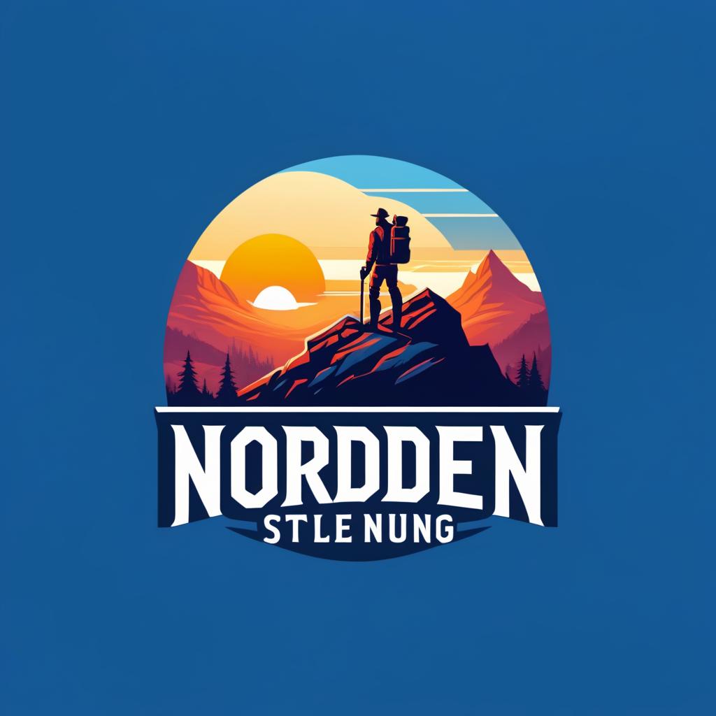  Logo, (realism style), Wanderer auf Bergwanderung im blauen Sonnenaufgang Richtung „Norden“.