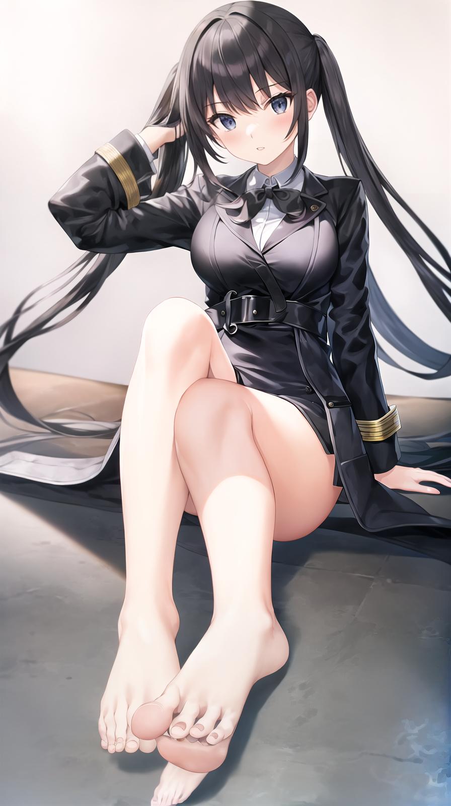  master piece , best quality,High school girl, submachine gun, bare feet, black coat, gray bobbed hair.