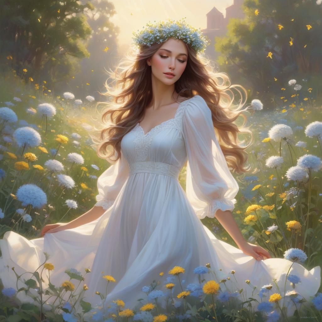  A with a floral crown and flowing hair is amidst a bright field of flowers, sunlight dappling through, creating a serene, magical atmosphere In the style of Daniel F Gerhartz and Morgan Weistling. A young with long, wavy hair adorned with small blue and white flowers blowing on a dandelion in a meadow filled with dandelions and other small flowers. She wears a white dress with puffy sleeves. The scene is ed in soft, warm light, creating a dreamy, ethereal atmosphere. Started from image: hyperrealistic, full body, detailed clothing, highly detailed, cinematic lighting, stunningly beautiful, intricate, sharp focus, f/1. 8, 85mm, (centered image composition), (professionally color graded), ((bright soft diffused light)), volumetric fog, trending on instagram, trending on tumblr, HDR 4K, 8K