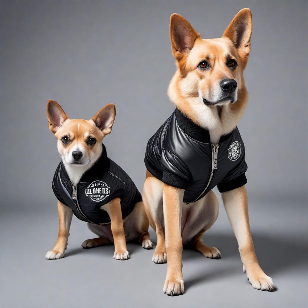  Design a bomber jacket for big dogs. The jacket should have a cool and stylish look, tailored for larger dog breeds. The main color is black with accents of silver and white. On the back of the jacket, the saying 'I’m a big dog, a world for little pups' should be prominently displayed in bold, stylish typography. The design should include elements like paw prints, dog bones, or other dog-themed graphics around the saying. The jacket should have a zipper front and ribbed cuffs, collar, and waistband. hyperrealistic, full body, detailed clothing, highly detailed, cinematic lighting, stunningly beautiful, intricate, sharp focus, f/1. 8, 85mm, (centered image composition), (professionally color graded), ((bright soft diffused light)), volumetric fog, trending on instagram, trending on tumblr, HDR 4K, 8K