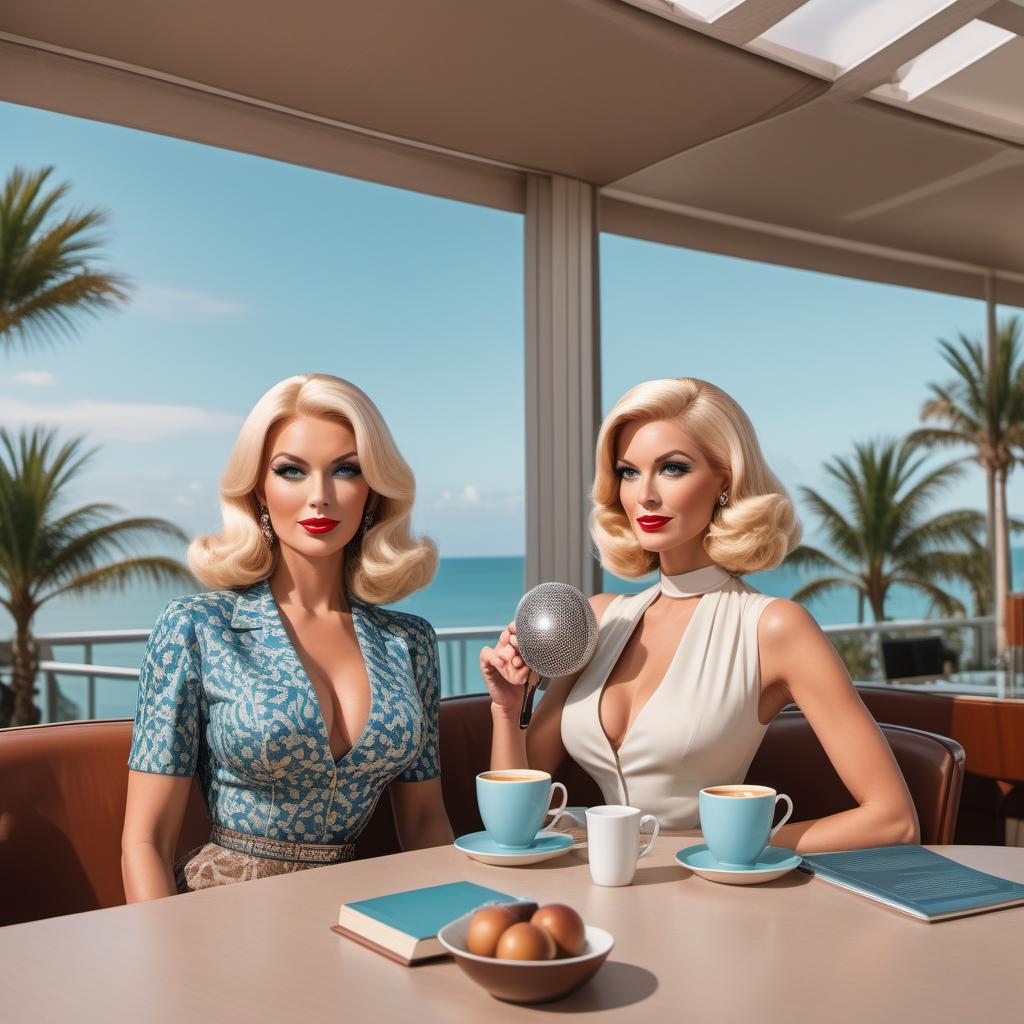  A glamorous vintage 60s cartoon-style podcast cover set in Palm Beach, Florida. Two women are featured at a table with microphones and coffee cups. One woman has blonde hair and blue eyes, and the other has brown hair and brown eyes. The scene should be glamorous with a distinctly vintage Palm Beach style, incorporating retro colors, patterns, and designs. Make the cartoon look prominent, evoking a nostalgic 60s vibe. Ensure it is inviting and attractive for female listeners, aiming to be the number one podcast on Apple and Spotify. hyperrealistic, full body, detailed clothing, highly detailed, cinematic lighting, stunningly beautiful, intricate, sharp focus, f/1. 8, 85mm, (centered image composition), (professionally color graded), ((bright soft diffused light)), volumetric fog, trending on instagram, trending on tumblr, HDR 4K, 8K