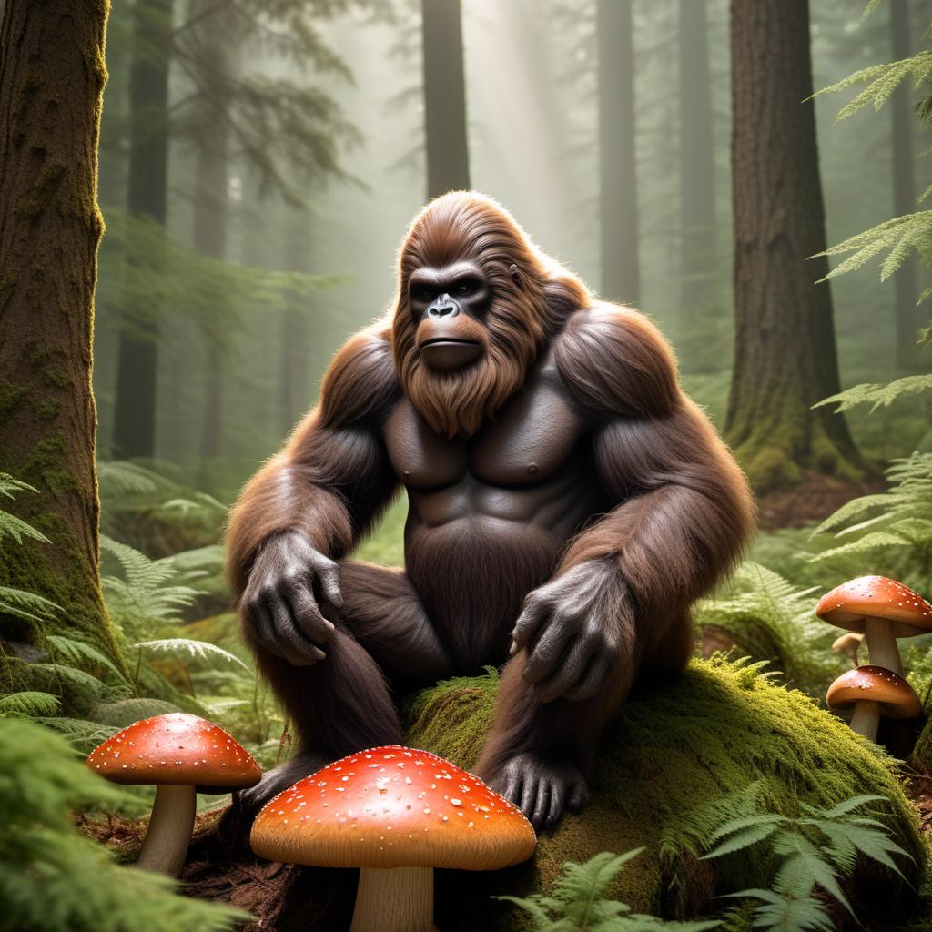  Bigfoot sitting on top of a large mushroom, smoking marijuana. The scene is set in a forest with a hazy, mystical atmosphere. Bigfoot looks relaxed and content. The mushroom is large enough for Bigfoot to sit on comfortably, and the forest has an enchanted, magical quality. hyperrealistic, full body, detailed clothing, highly detailed, cinematic lighting, stunningly beautiful, intricate, sharp focus, f/1. 8, 85mm, (centered image composition), (professionally color graded), ((bright soft diffused light)), volumetric fog, trending on instagram, trending on tumblr, HDR 4K, 8K