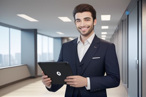  masterpiece, best quality, A man in a suit holding a tablet, smiling at the camera. He appears to be in a corporate environment, possibly an office or hallway.