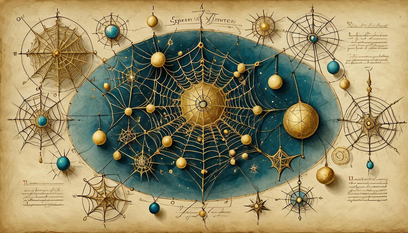  on parchment, surrealism+++, A complex spiderweb like network of golden threads connecting various glowing orbs, threads intricately woven, orbs depict various symbols, interconnected, harmonious(mysterious, provocative, symbolic,muted color)+++