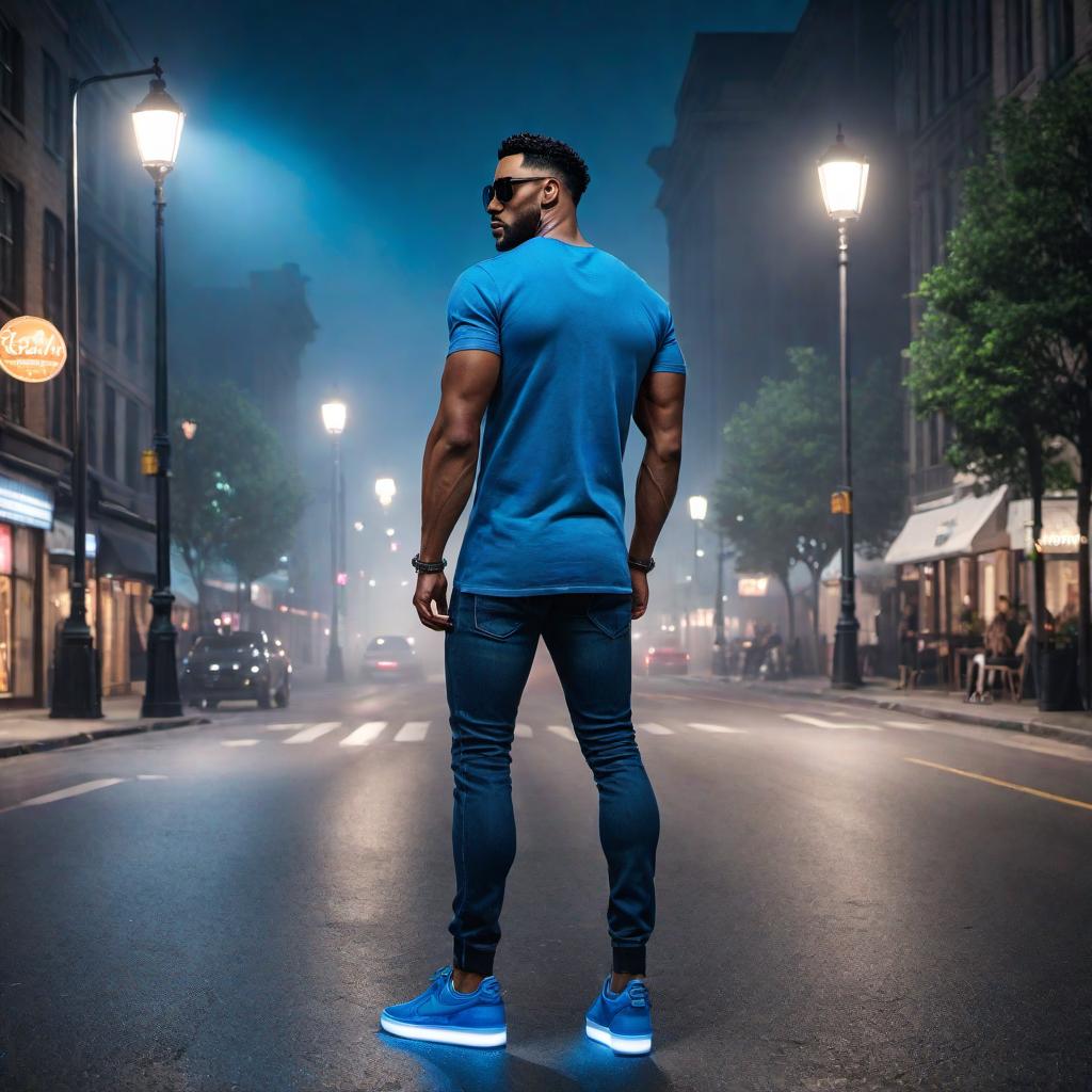  A person standing on a street at night. They are wearing a black t-shirt with a graphic print, ripped blue jeans, and blue shoes. The individual is accessorizing with a hat and sunglasses. Behind them, we see several parked cars and the glow of streetlights. It is a casual, urban setting. hyperrealistic, full body, detailed clothing, highly detailed, cinematic lighting, stunningly beautiful, intricate, sharp focus, f/1. 8, 85mm, (centered image composition), (professionally color graded), ((bright soft diffused light)), volumetric fog, trending on instagram, trending on tumblr, HDR 4K, 8K