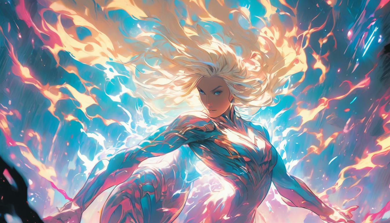  hyperrealism,fantasy aesthetic1woman, large busted attractive blonde arian female humanoid, surrounded by ascending streams of light, serene and transcendent, vibrant colors, aura of enlightenment, high tech clothing clad in sleek, futuristic costume with metallic accents and form fitting designs, marvel superhero comics style, unreal engine rendering