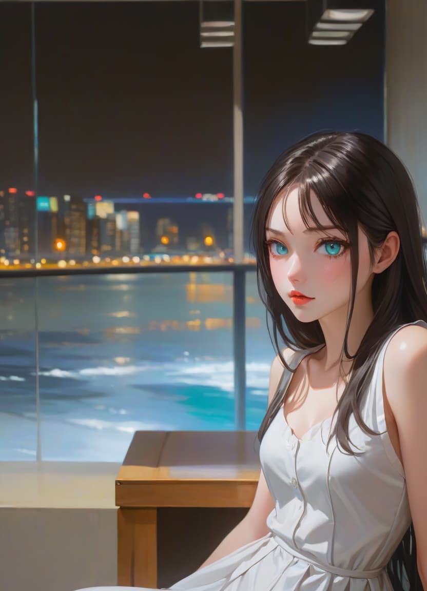  anime artwork beautiful , , white skinned, European, blue eyes, long brown straight hair, slender figure, small neat s, dressed in a black dress with a white collar and white cuffs, full length, against the backdrop of a modern city. Skyscrs of Moscow City (photorealism, oil painting: 1.3), (full length shot: 1.3), charming , long flowing black hair, (large sensual mouth: 1.2), plump lips, sparkling emerald eyes , narrow waist, (sensual drawing: 1.2), silvery glow, ethereal aura, detailed brushwork, intricate shadows and highlights, mysterious and captivating expression, unique color palette, masterful use of light and shadow, captivating atmosphere, pure emotion, intense gaze, dynamic composition. small hyperrealistic, full body, detailed clothing, highly detailed, cinematic lighting, stunningly beautiful, intricate, sharp focus, f/1. 8, 85mm, (centered image composition), (professionally color graded), ((bright soft diffused light)), volumetric fog, trending on instagram, trending on tumblr, HDR 4K, 8K