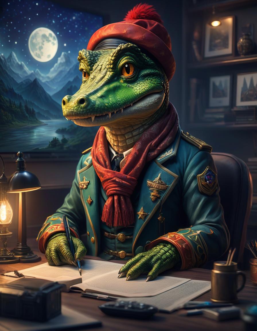  retro game art (Sticker: 1,2). Cute, cartoonish anthropomorphic crocodile (Artist: 1,3). (Computer: 1,7) (Chibi, kawaii) wearing an artist's beret and scarf. Sits at (Computer: 1,2). (Brush and palette: 1,3). Pencils. Van Gogh's painting “Starry Night.” Paint splatters. In the manner of Mab Graves, Tatiana Suarez, Lev Kaplan, J. B. Mong. . 16 bit, vibrant colors, pixelated, nostalgic, charming, fun hyperrealistic, full body, detailed clothing, highly detailed, cinematic lighting, stunningly beautiful, intricate, sharp focus, f/1. 8, 85mm, (centered image composition), (professionally color graded), ((bright soft diffused light)), volumetric fog, trending on instagram, trending on tumblr, HDR 4K, 8K