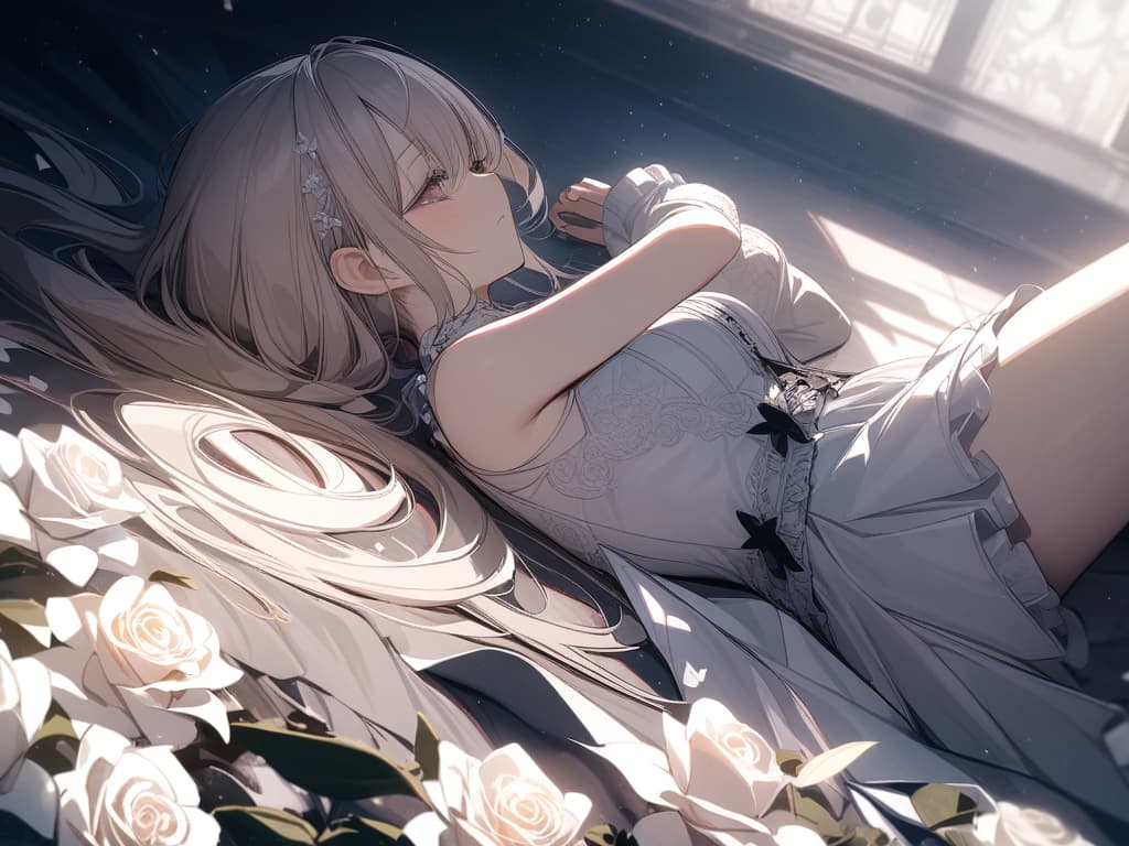  Girl, hair color beige, gothic fashion with many red, white frills, many white roses, white roses, stars, fleeting, light, twin tails, lying down, lying down, masterpiece, best quality,8k,ultra detailed,high resolution,an extremely delicate and beautiful,hyper detail