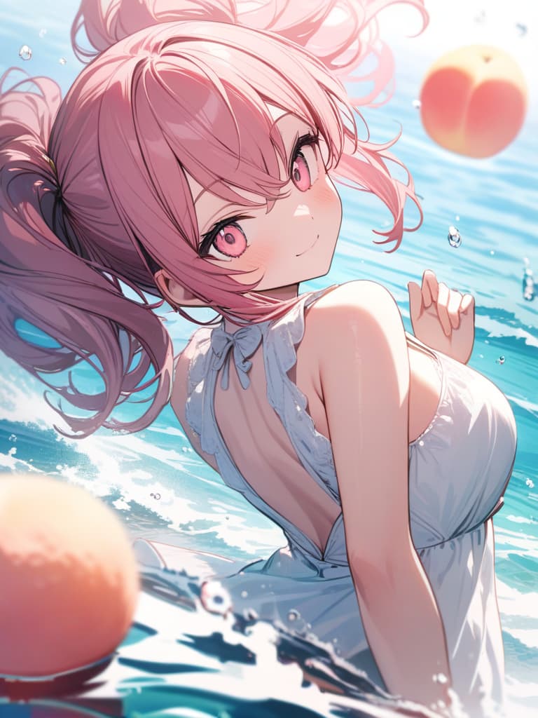  Cute, , big eyes, big s, , sea, beautiful, smiling, swimwear, pink hair color, pink eyes, twin tails, fluffy hair, , splash, back, peach, masterpiece, best quality,8k,ultra detailed,high resolution,an extremely delicate and beautiful,hyper detail