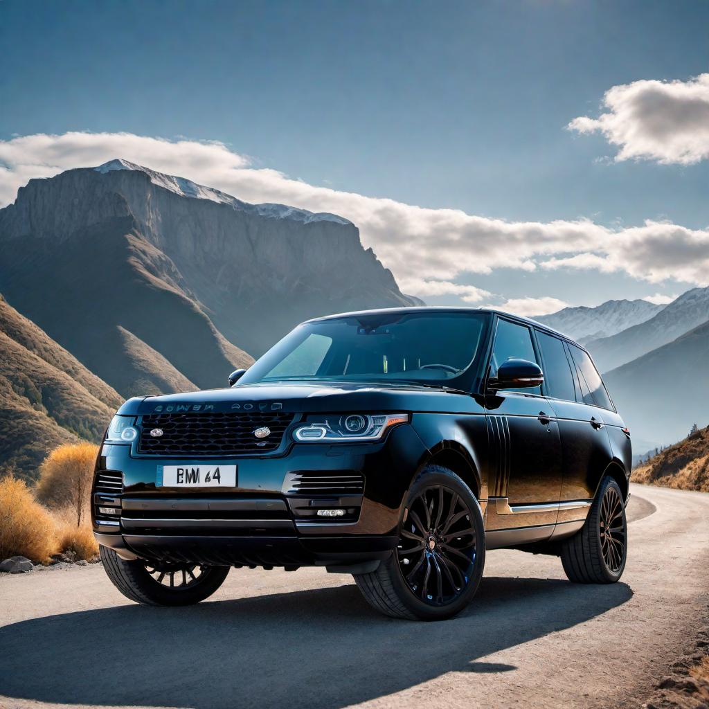  A sleek, all-black Range Rover parked on a scenic road with mountains in the background, under a clear blue sky. hyperrealistic, full body, detailed clothing, highly detailed, cinematic lighting, stunningly beautiful, intricate, sharp focus, f/1. 8, 85mm, (centered image composition), (professionally color graded), ((bright soft diffused light)), volumetric fog, trending on instagram, trending on tumblr, HDR 4K, 8K