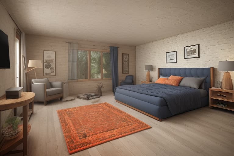  Bed Room, Peaceful, cozy, relaxation, sleep, comfort. The image showcases a cozy and inviting living room theme, characterized by a modern yet rustic aesthetic. Modern rustic living room with a navy blue sofa, orange and gray pillows, wooden coffee table, oriental rug, and a floor lamp. modern, rustic, living room, navy blue sofa, orange pillows, gray pillows, wooden coffee table, oriental rug, floor lamp