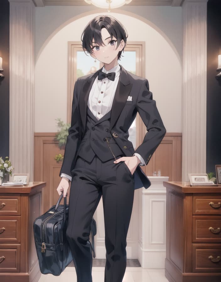  master piece , best quality,Black tuxedo, cane, tall, young man.