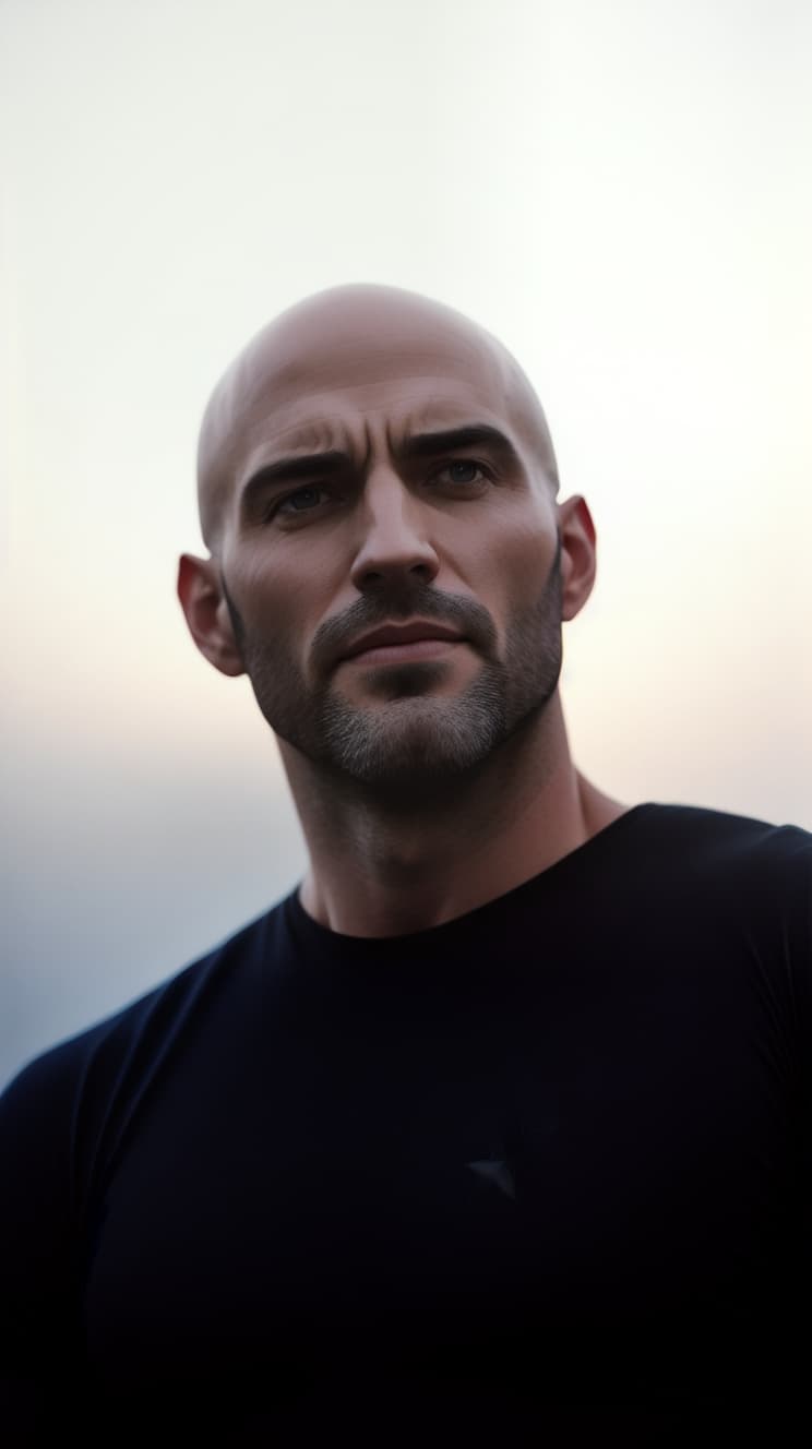  Heroic man, stars, seen from behind, bald, without beard, white skin hyperrealistic, full body, detailed clothing, highly detailed, cinematic lighting, stunningly beautiful, intricate, sharp focus, f/1. 8, 85mm, (centered image composition), (professionally color graded), ((bright soft diffused light)), volumetric fog, trending on instagram, trending on tumblr, HDR 4K, 8K