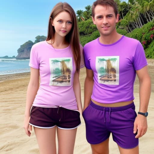  Guy the beach with t shirt and shorts on with brown hair and eyes next to lady with brown hair and green eyes in a bright purple dress